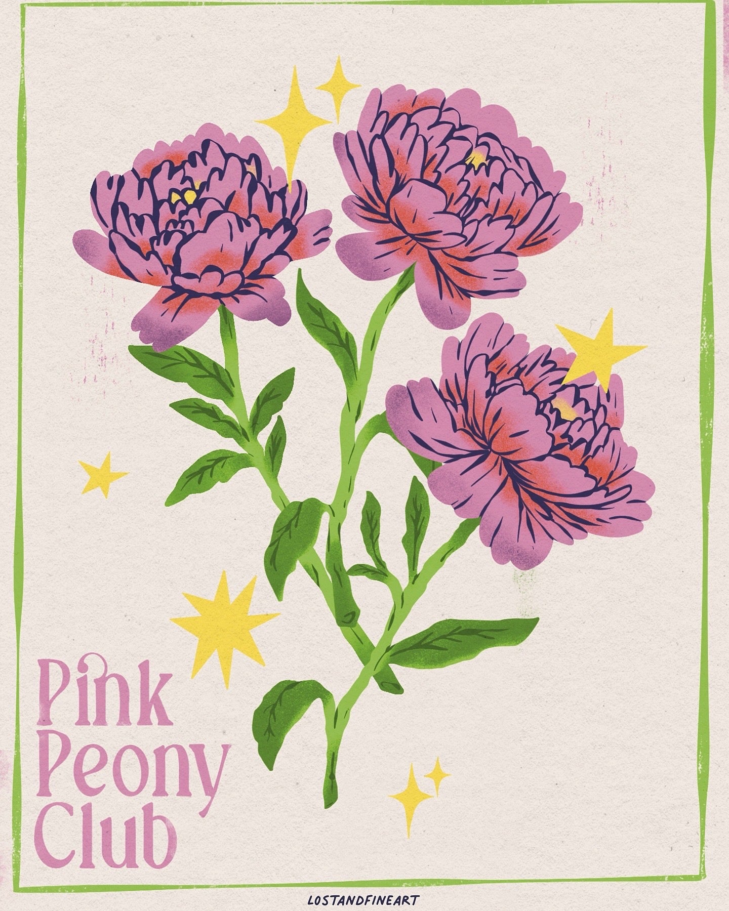 Pink peony flowers with green leaves and yellow stars on a white background with 'Pink Peony Club' text.