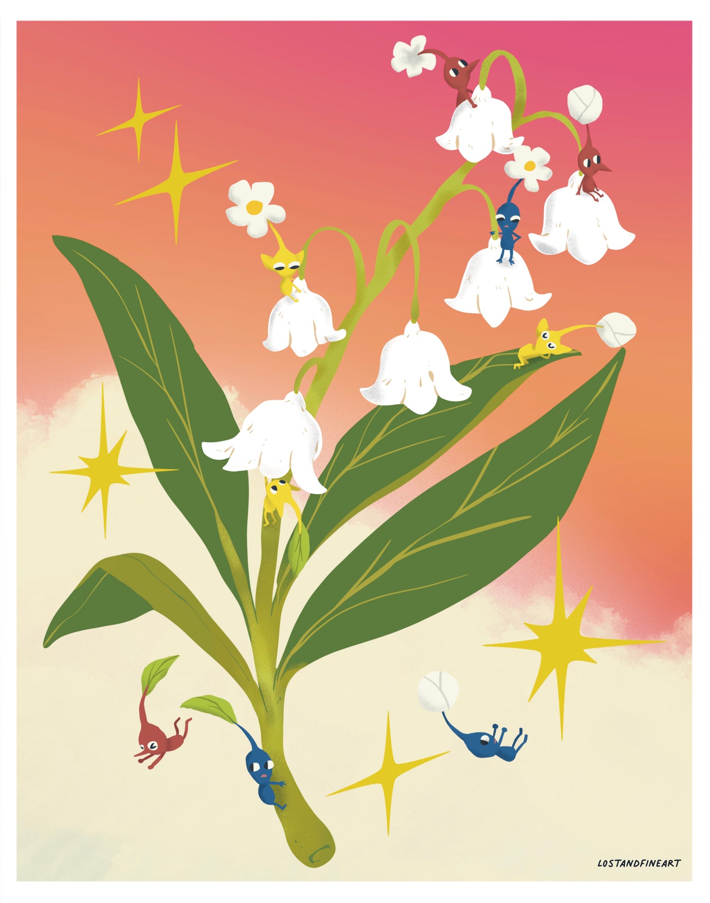 Illustration of a plant with white flowers and small Pikmin on a gradient background