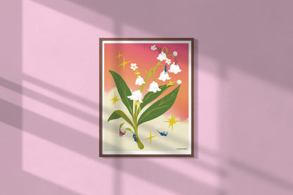 Framed artwork of a floral design on a pink wall