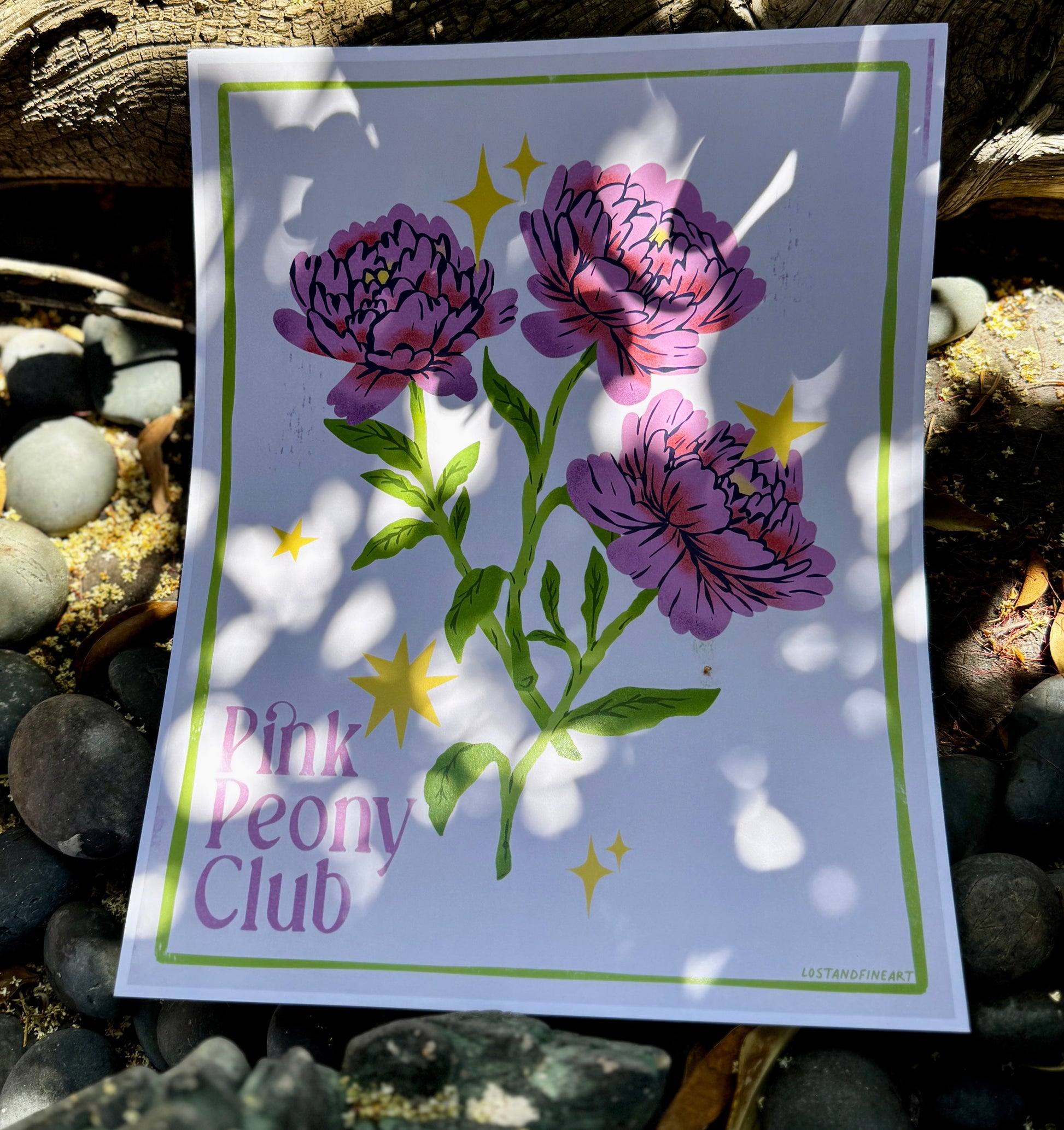 Poster with purple flowers and 'Pink Peony Club' text on a natural background